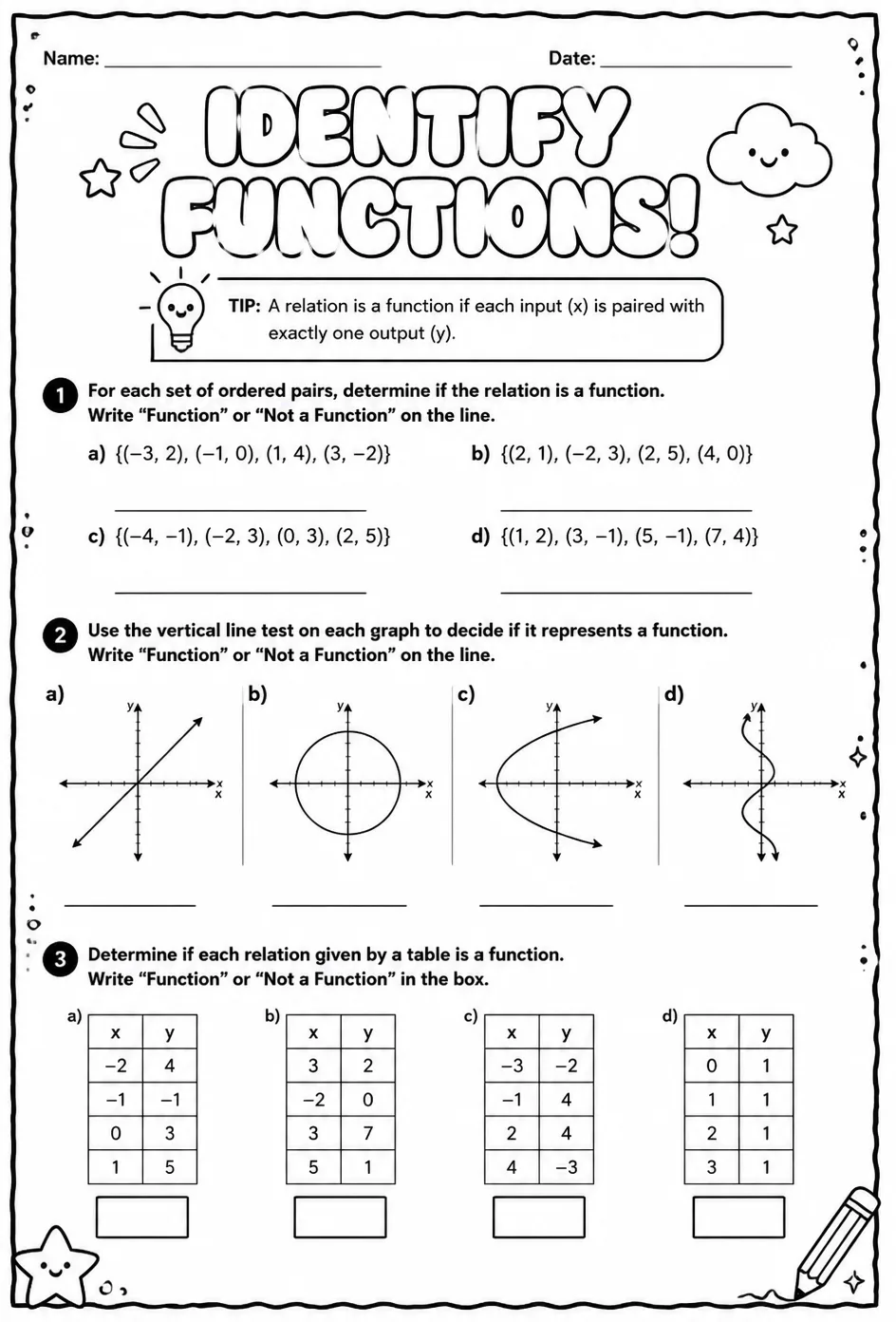 Identify functions — free printable Algebra 2 math worksheet