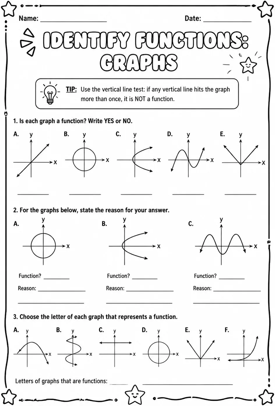 Identify functions: graphs — free printable Grade 8 math worksheet