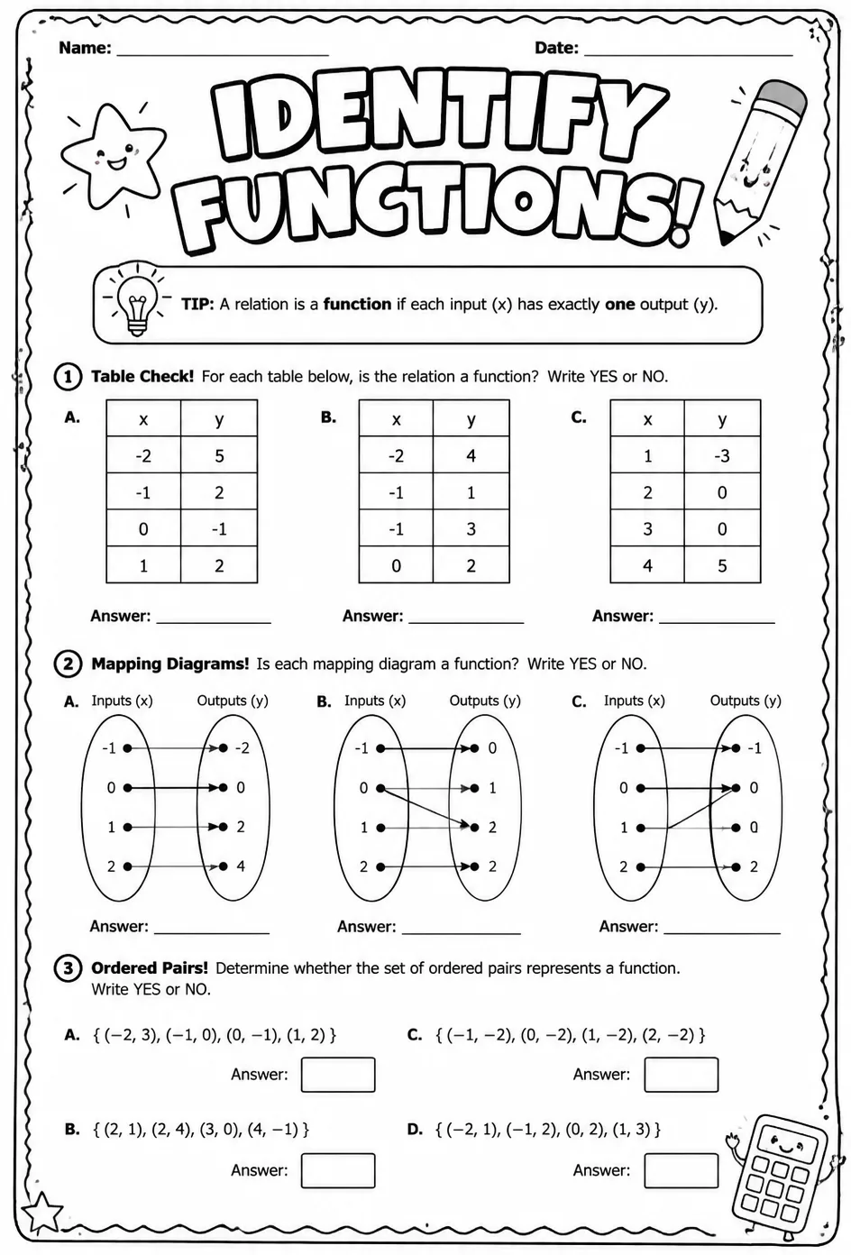Identify functions — free printable Precalculus math worksheet