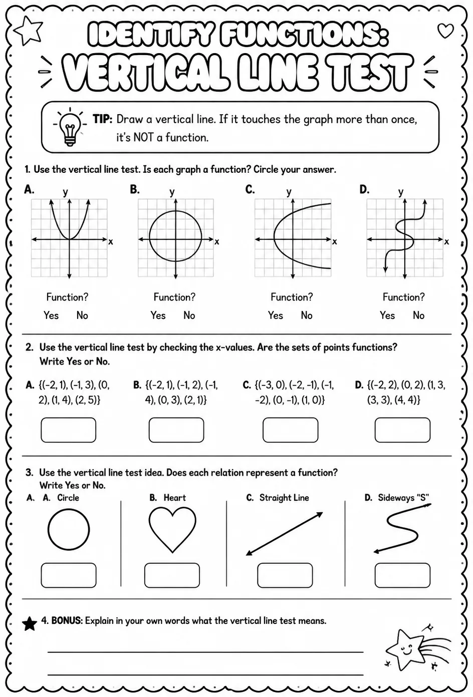 Identify functions: vertical line test — free printable Algebra 1 math worksheet