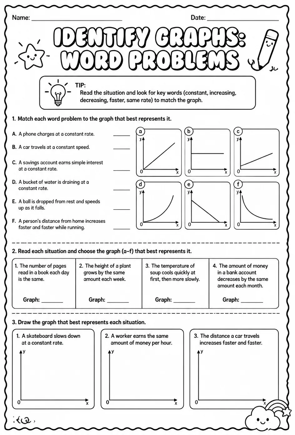 Identify graphs: word problems — free printable Algebra 1 math worksheet