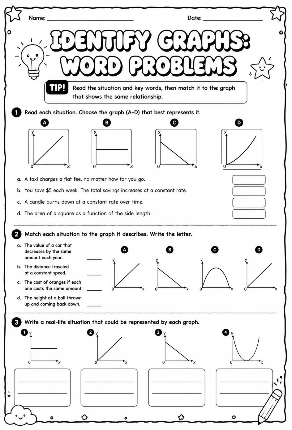 Identify graphs: word problems — free printable Algebra 2 math worksheet