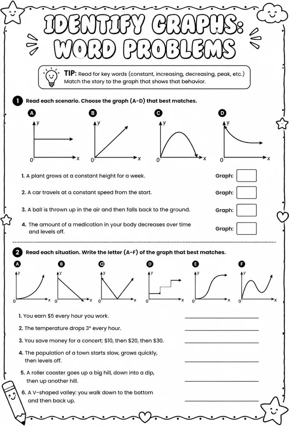Identify graphs: word problems — free printable Precalculus math worksheet