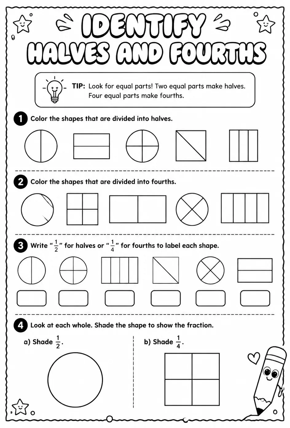 Identify halves and fourths — free printable Grade 1 math worksheet