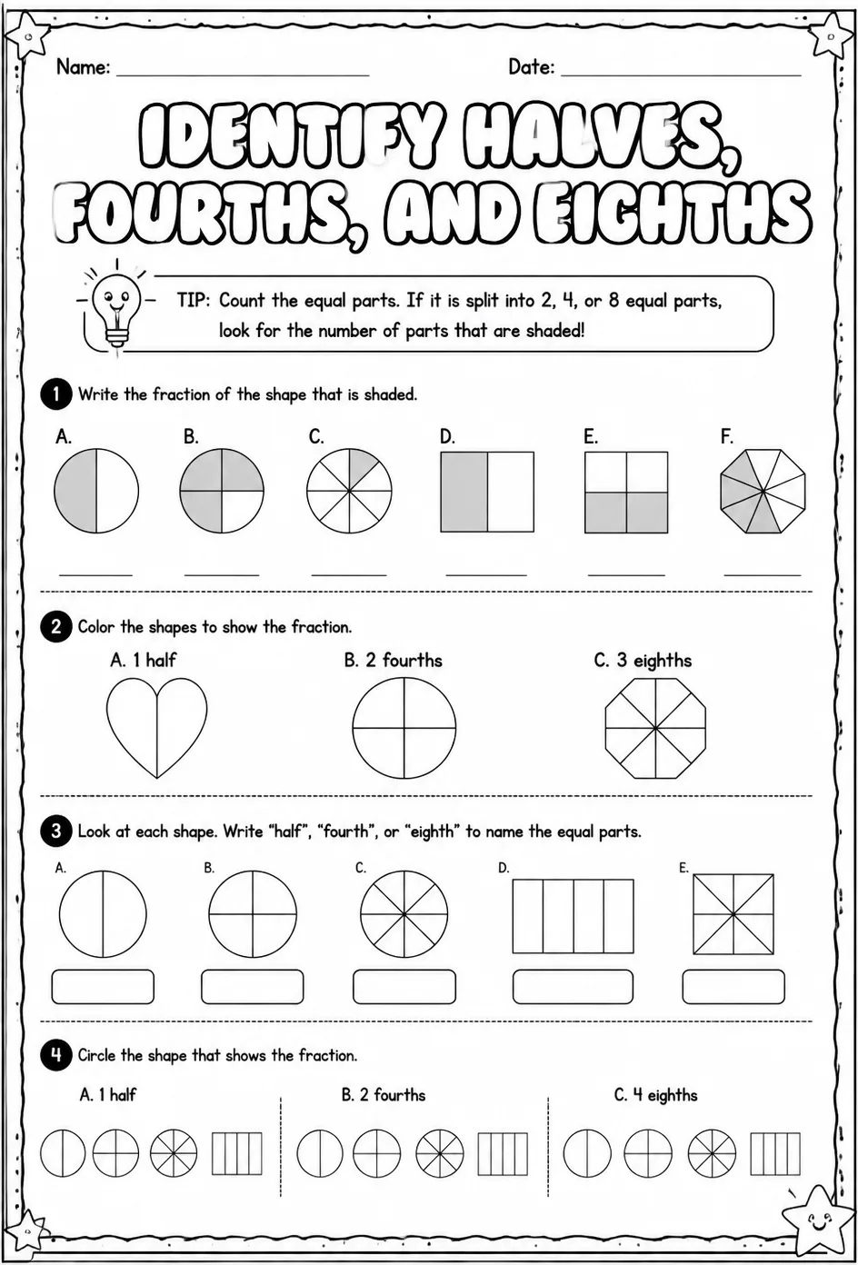 Identify halves, fourths, and eighths — free printable Grade 2 math worksheet
