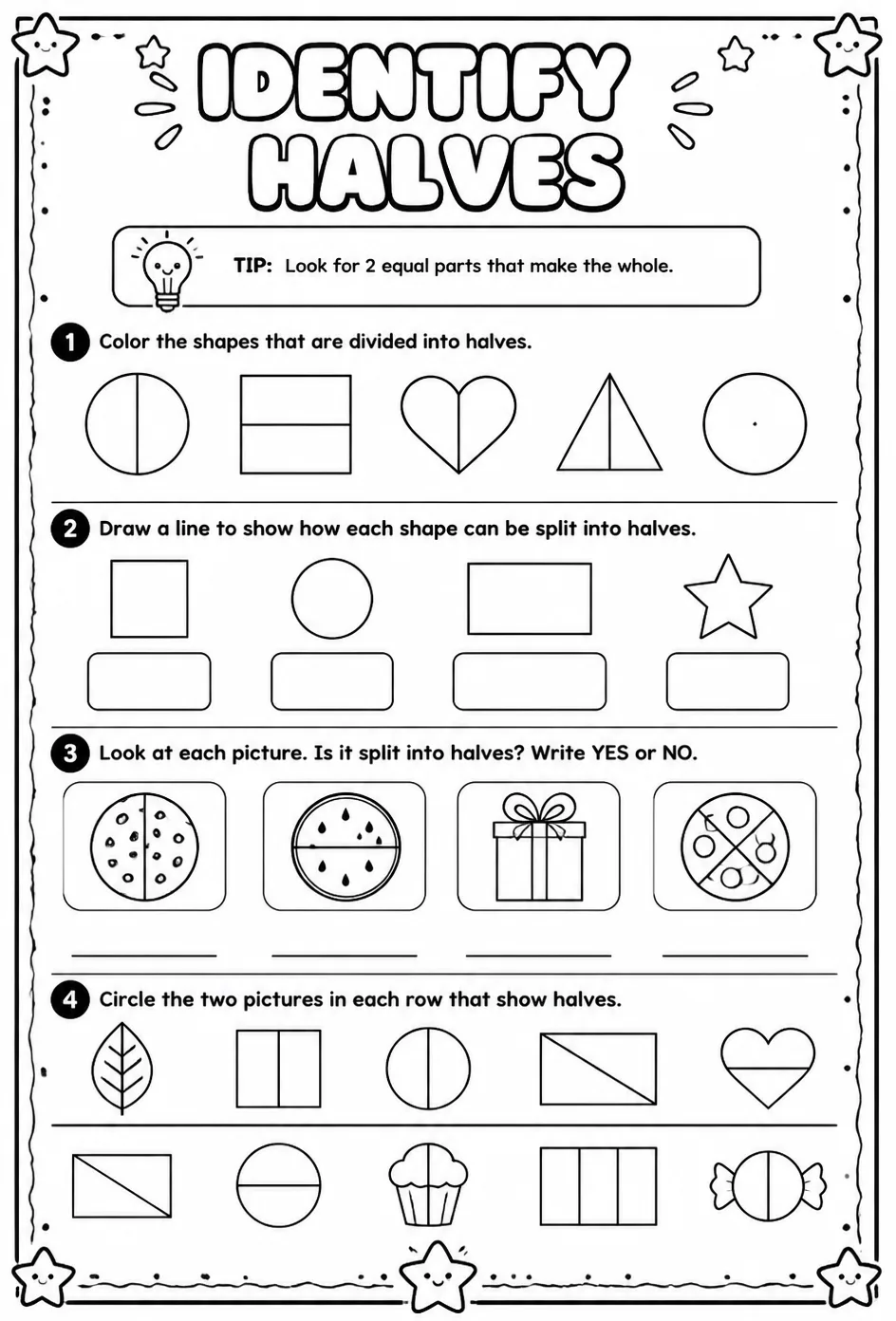 Identify halves — free printable Grade 1 math worksheet
