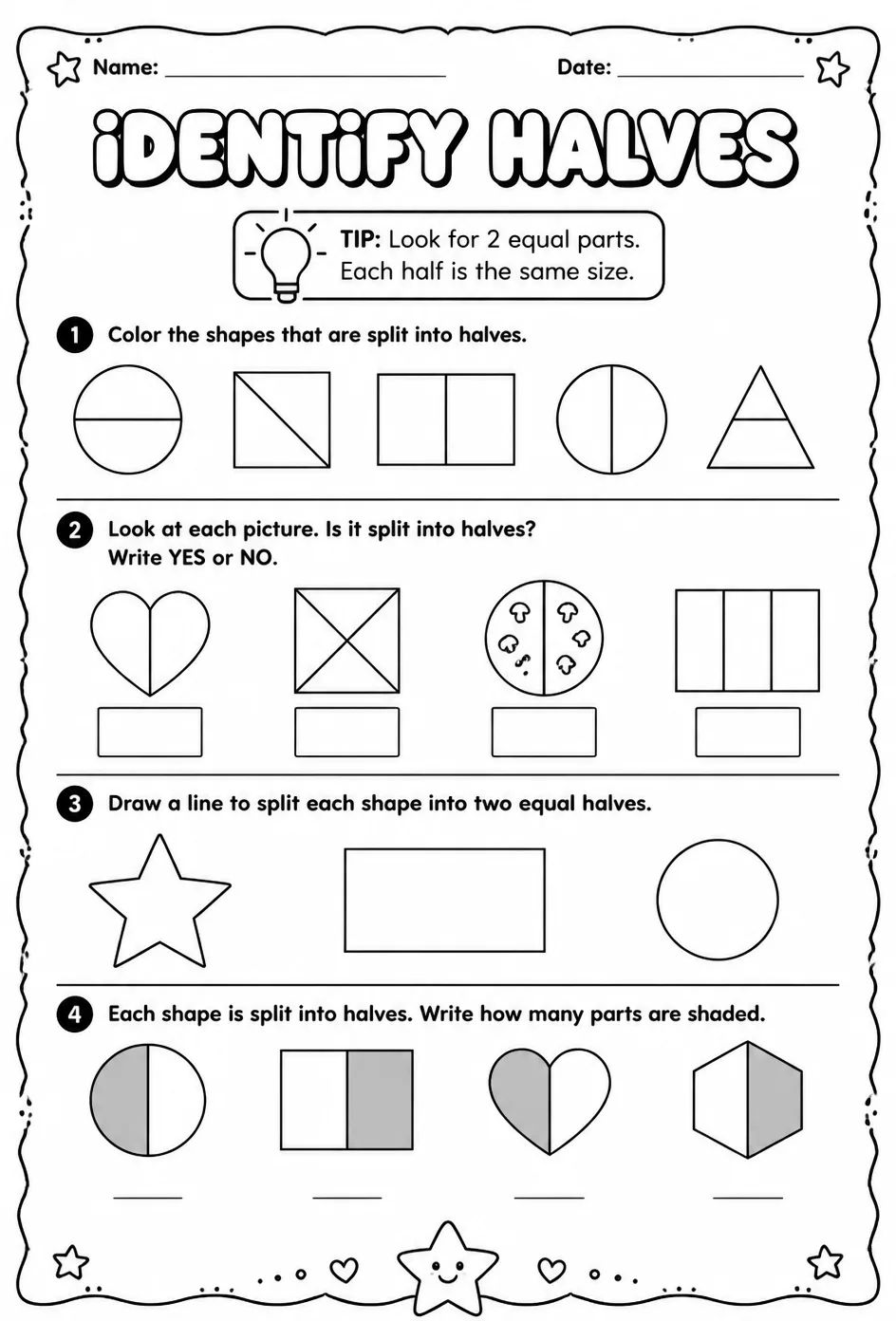 Identify halves — free printable Grade 2 math worksheet