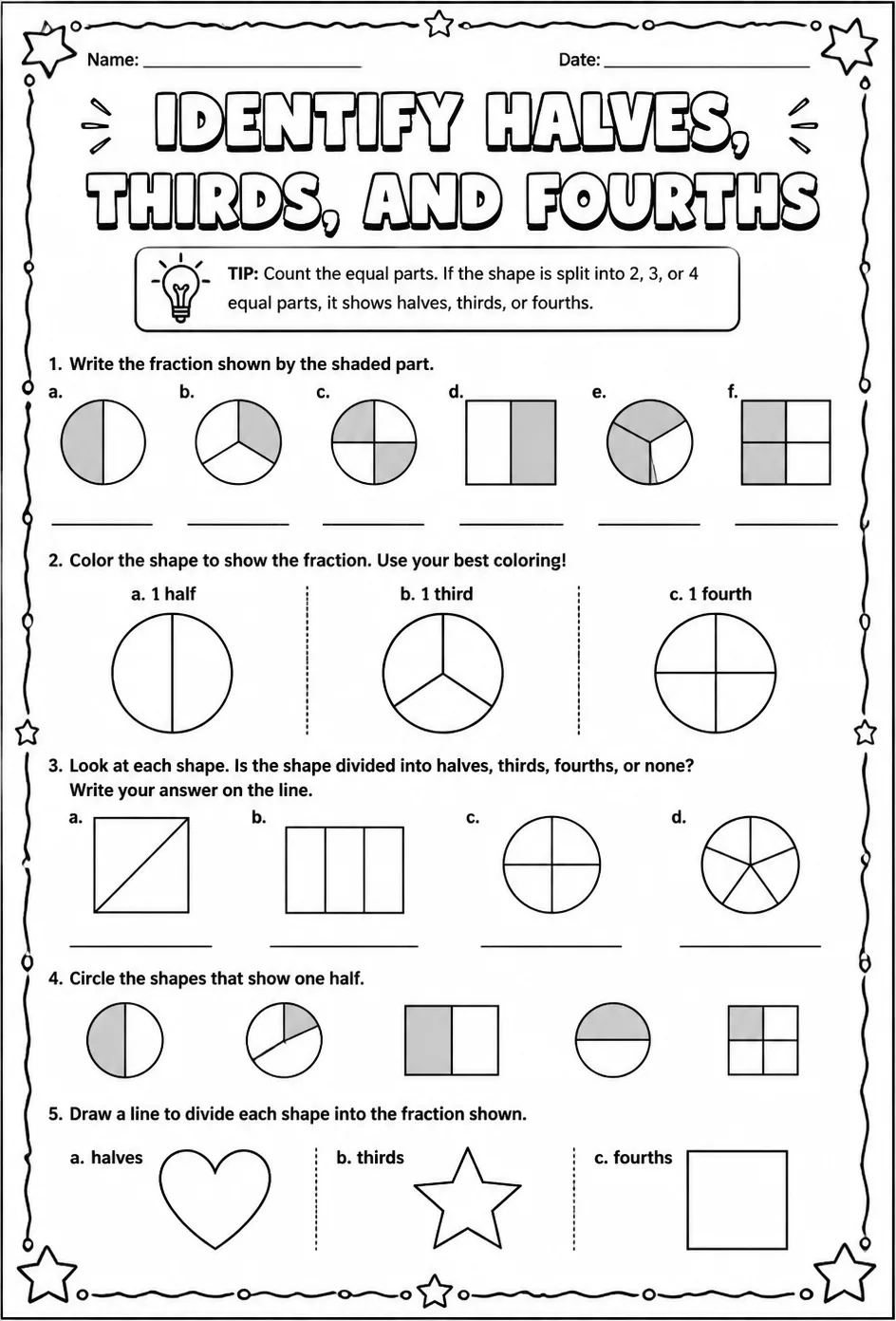 Identify halves, thirds, and fourths — free printable Grade 2 math worksheet