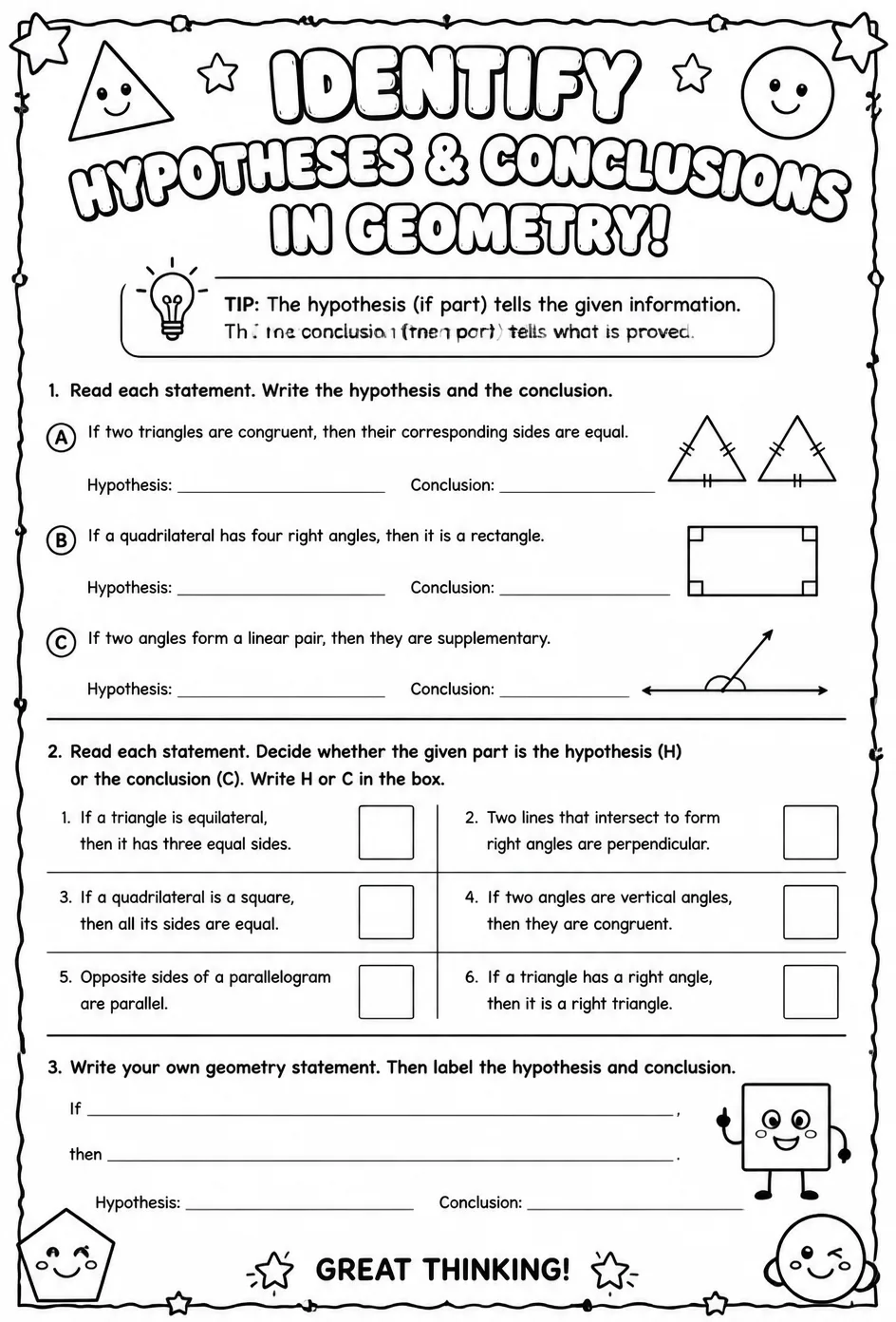 Identify hypotheses and conclusions — free printable Geometry math worksheet