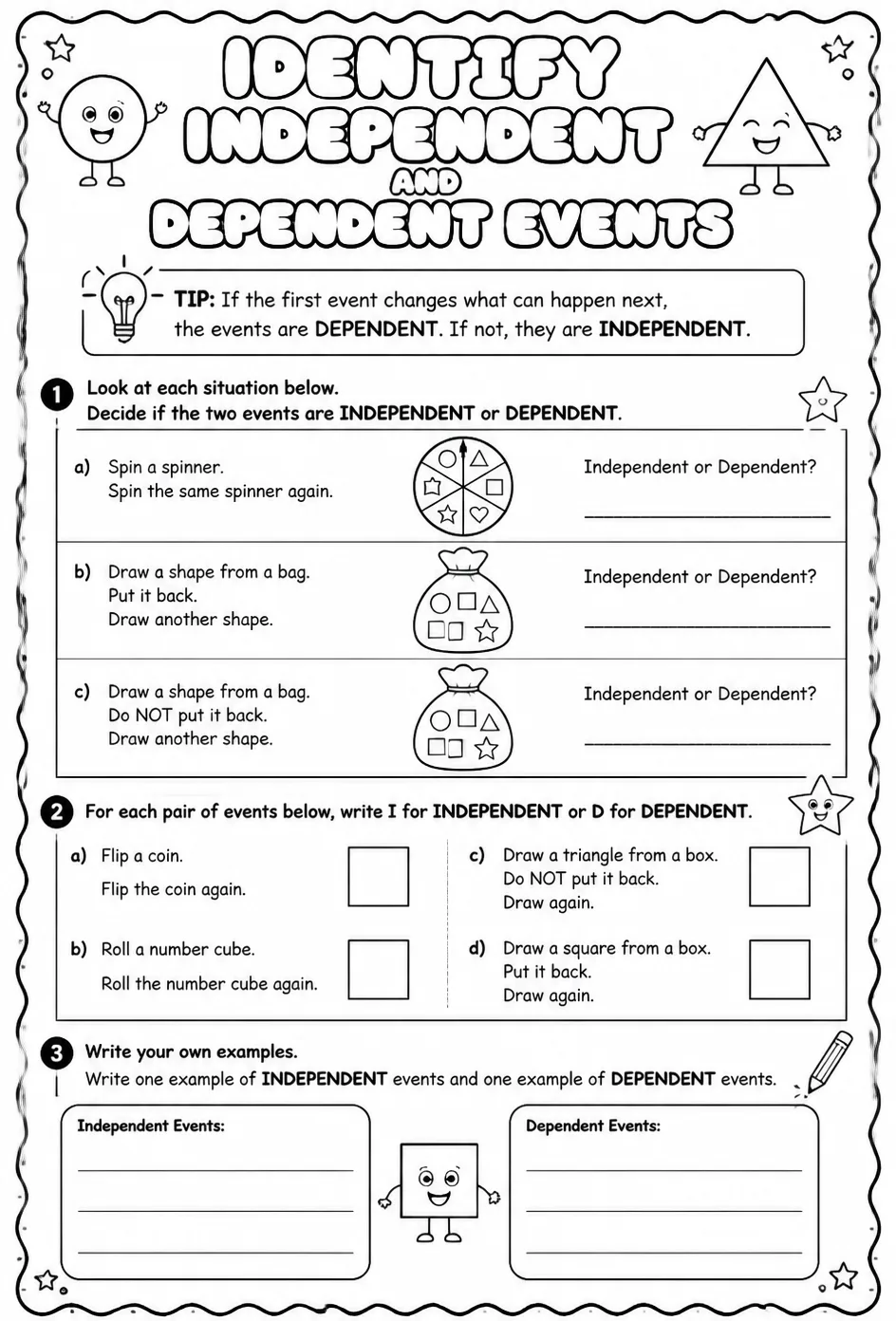 Identify independent and dependent events — free printable Geometry math worksheet
