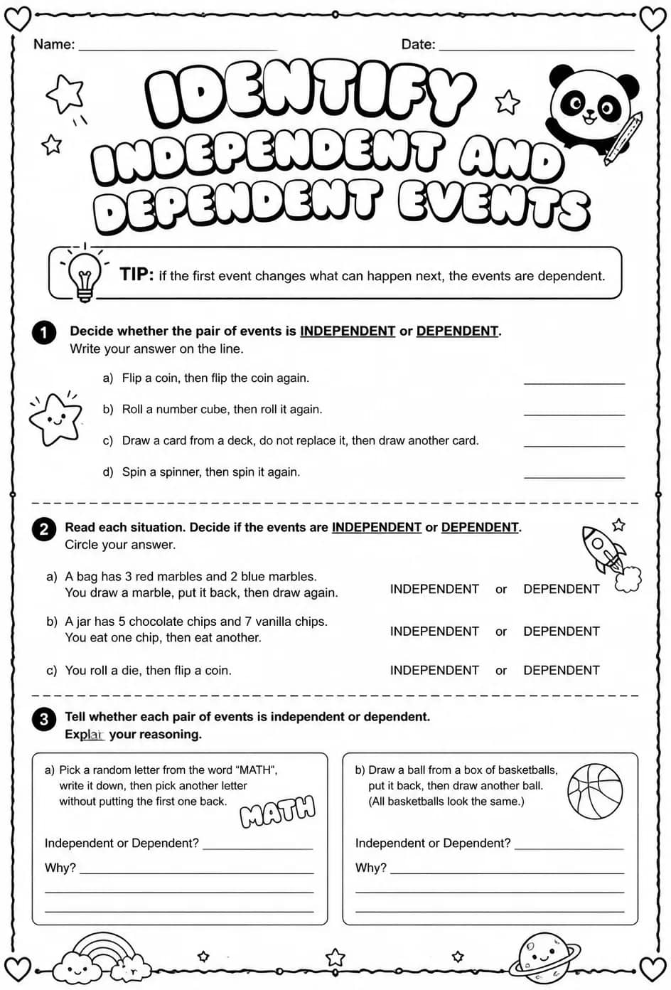 Identify independent and dependent events — free printable Grade 7 math worksheet