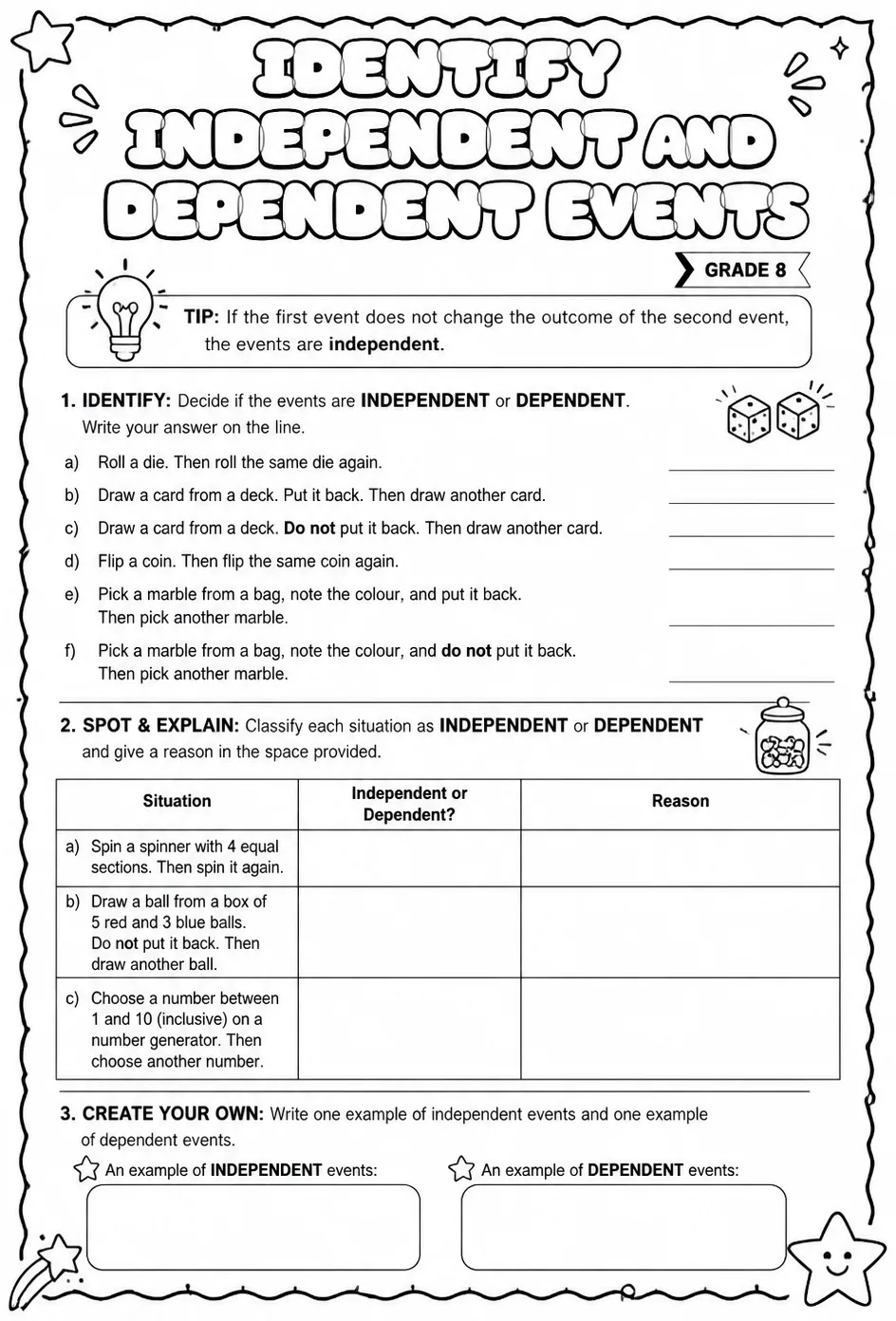 Identify independent and dependent events — free printable Grade 8 math worksheet