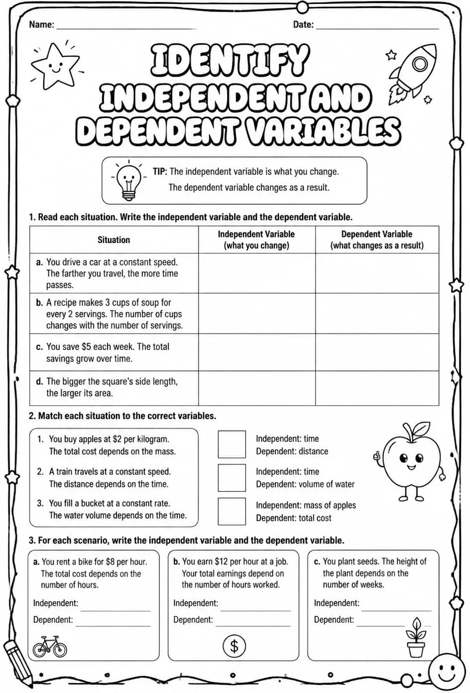 Identify independent and dependent variables — free printable Grade 7 math worksheet