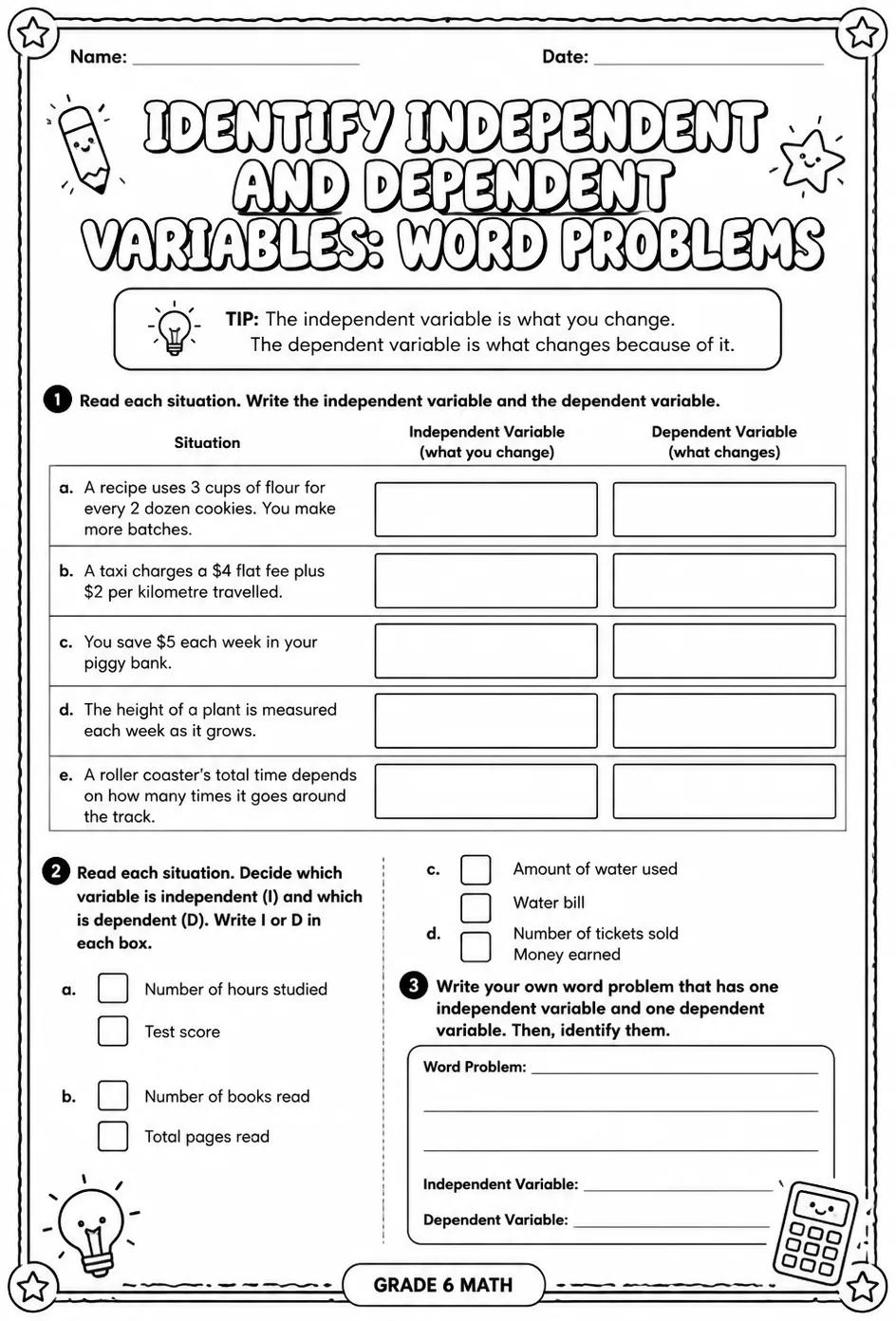 Identify independent and dependent variables: word problems — free printable Grade 6 math worksheet