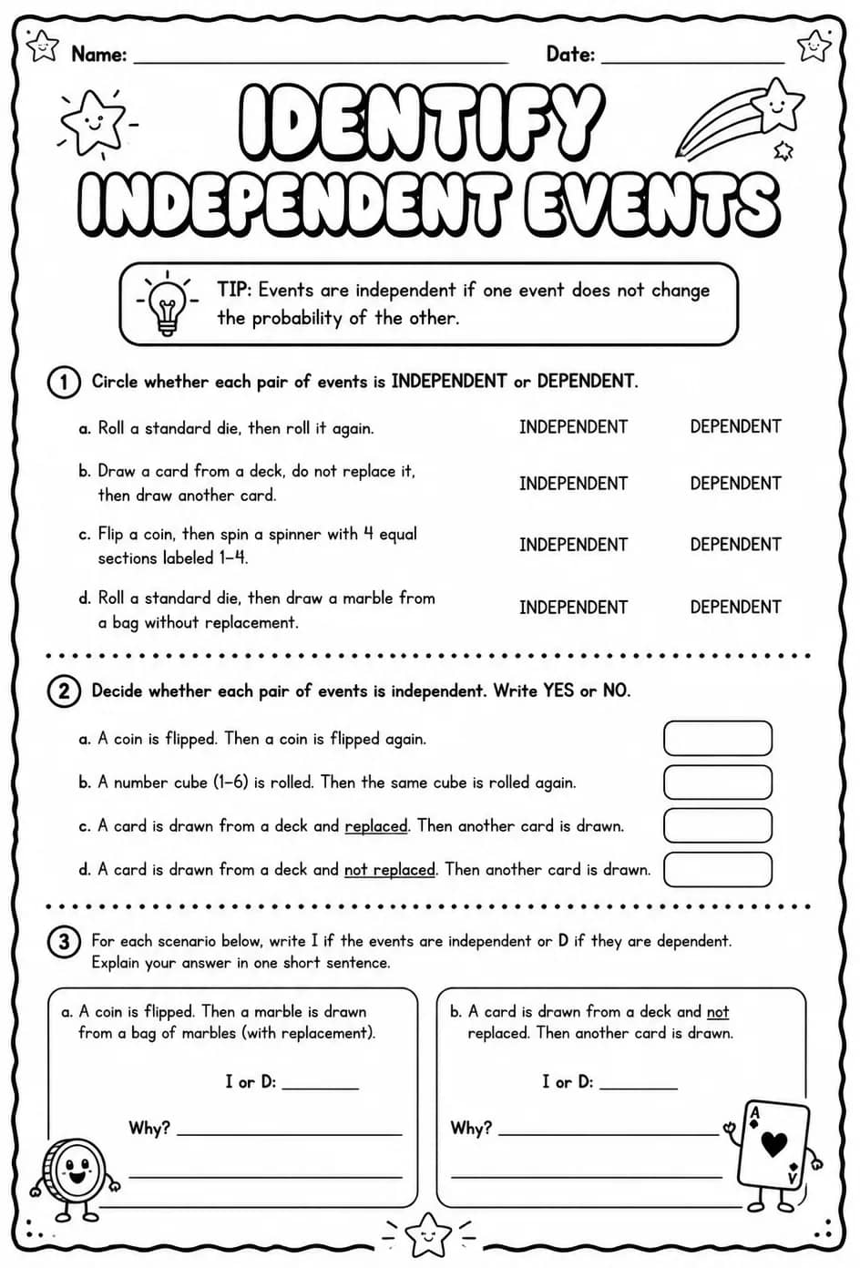 Identify independent events — free printable Algebra 2 math worksheet
