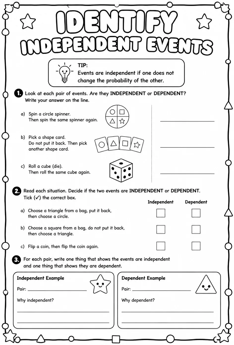 Identify independent events — free printable Geometry math worksheet