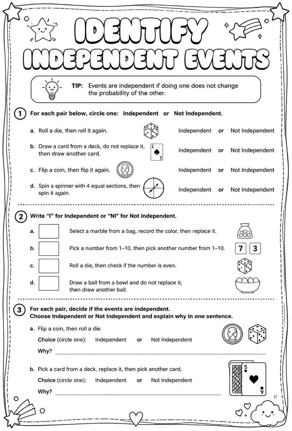 Identify independent events — free printable Precalculus math worksheet