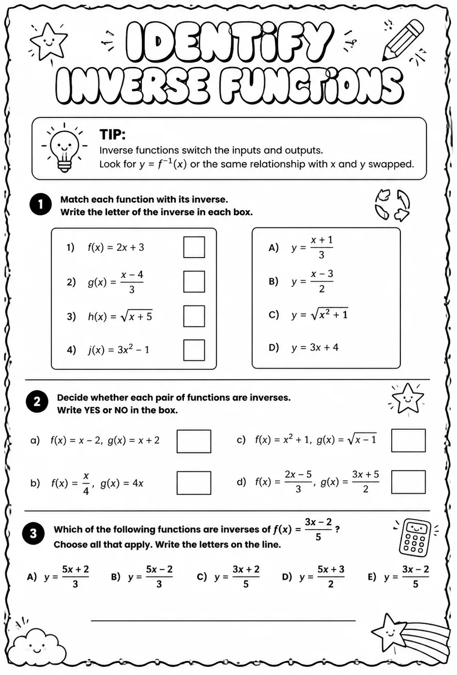 Identify inverse functions — free printable Algebra 2 math worksheet