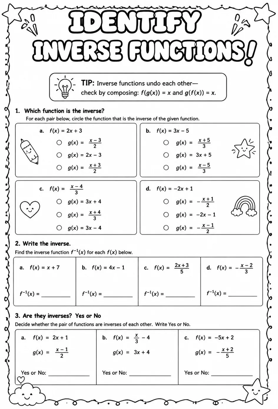 Identify inverse functions — free printable Precalculus math worksheet