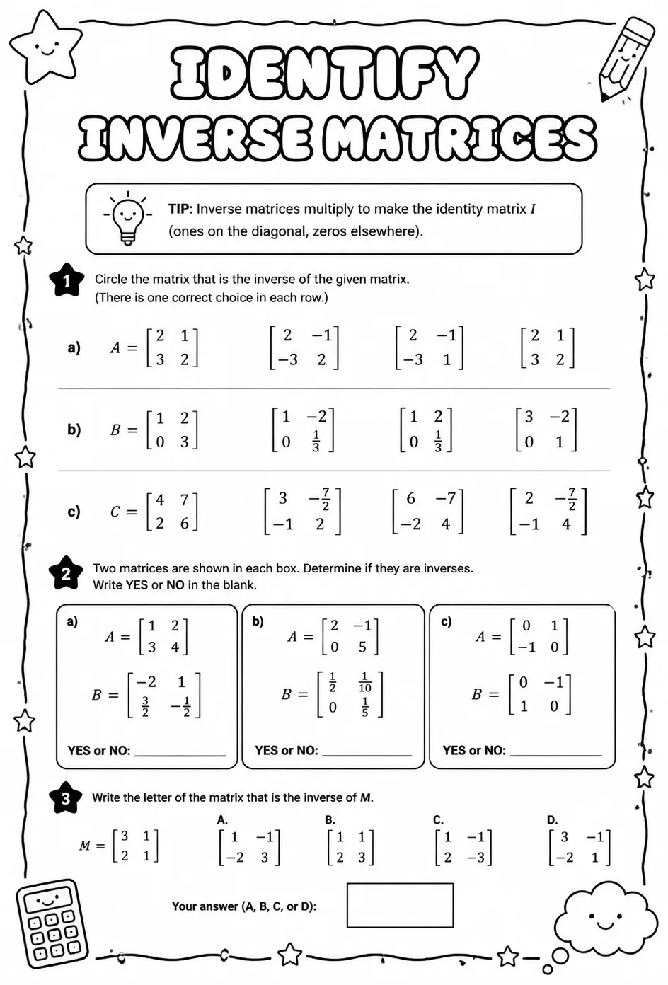 Identify inverse matrices — free printable Precalculus math worksheet