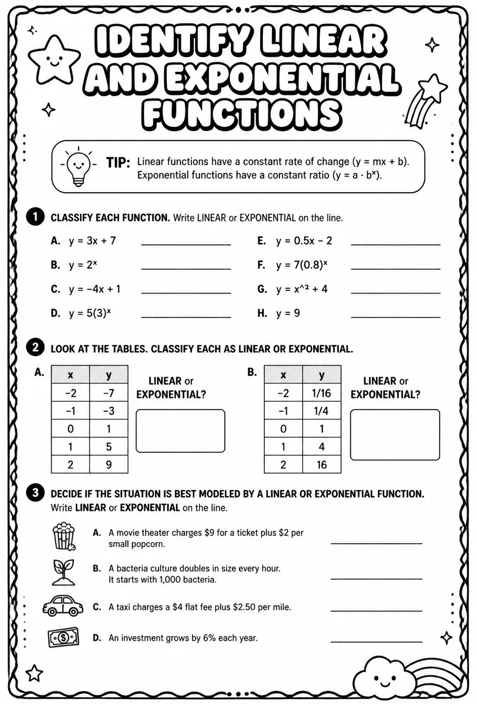 Identify linear and exponential functions — free printable Algebra 2 math worksheet