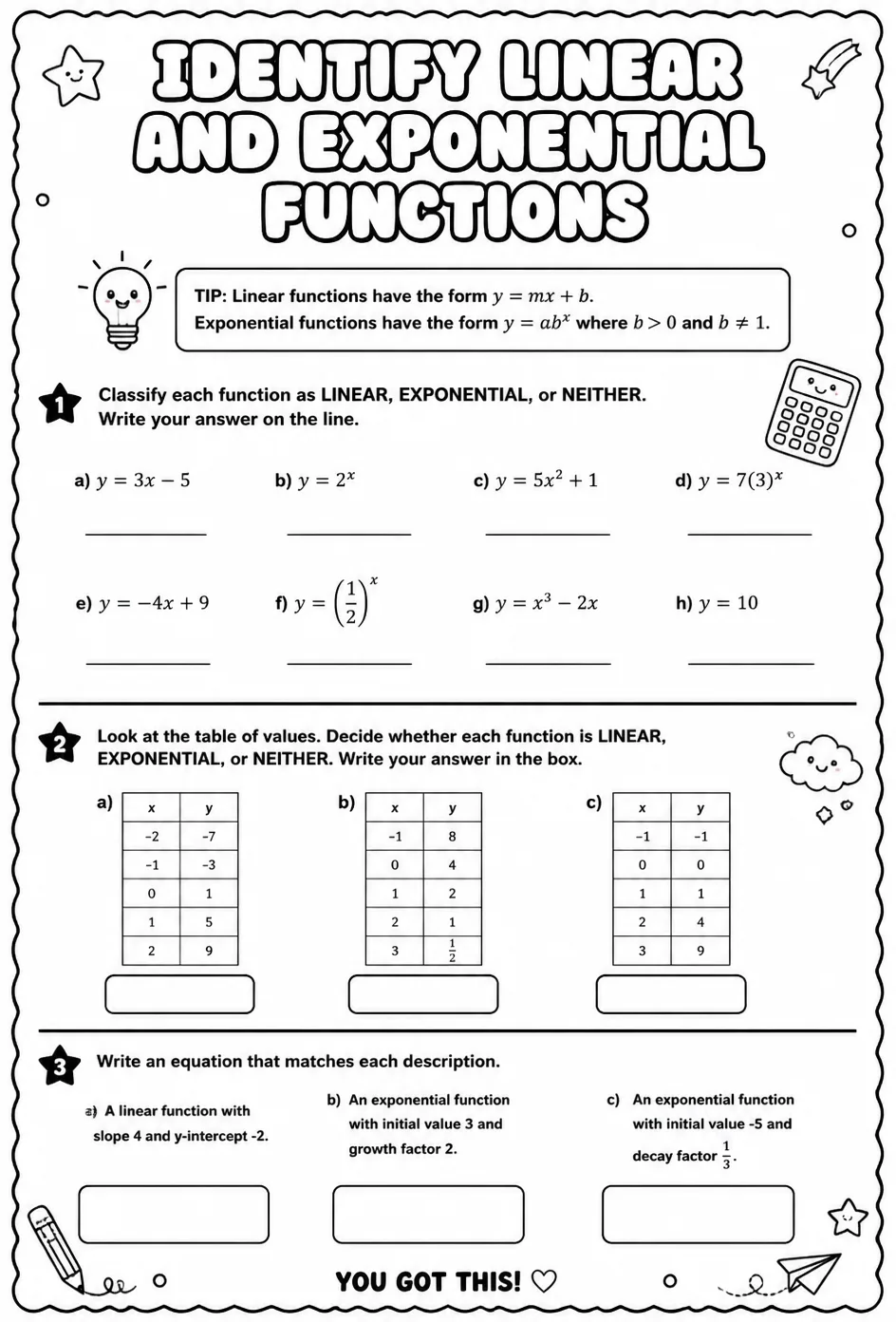 Identify linear and exponential functions — free printable Precalculus math worksheet