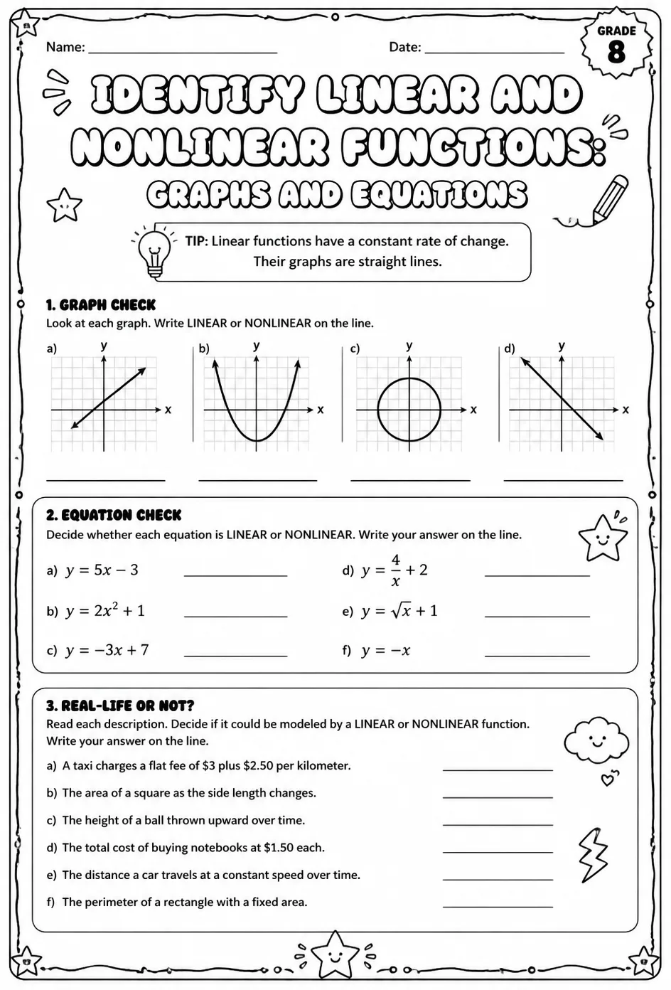 Identify linear and nonlinear functions: graphs and equations — free printable Grade 8 math worksheet