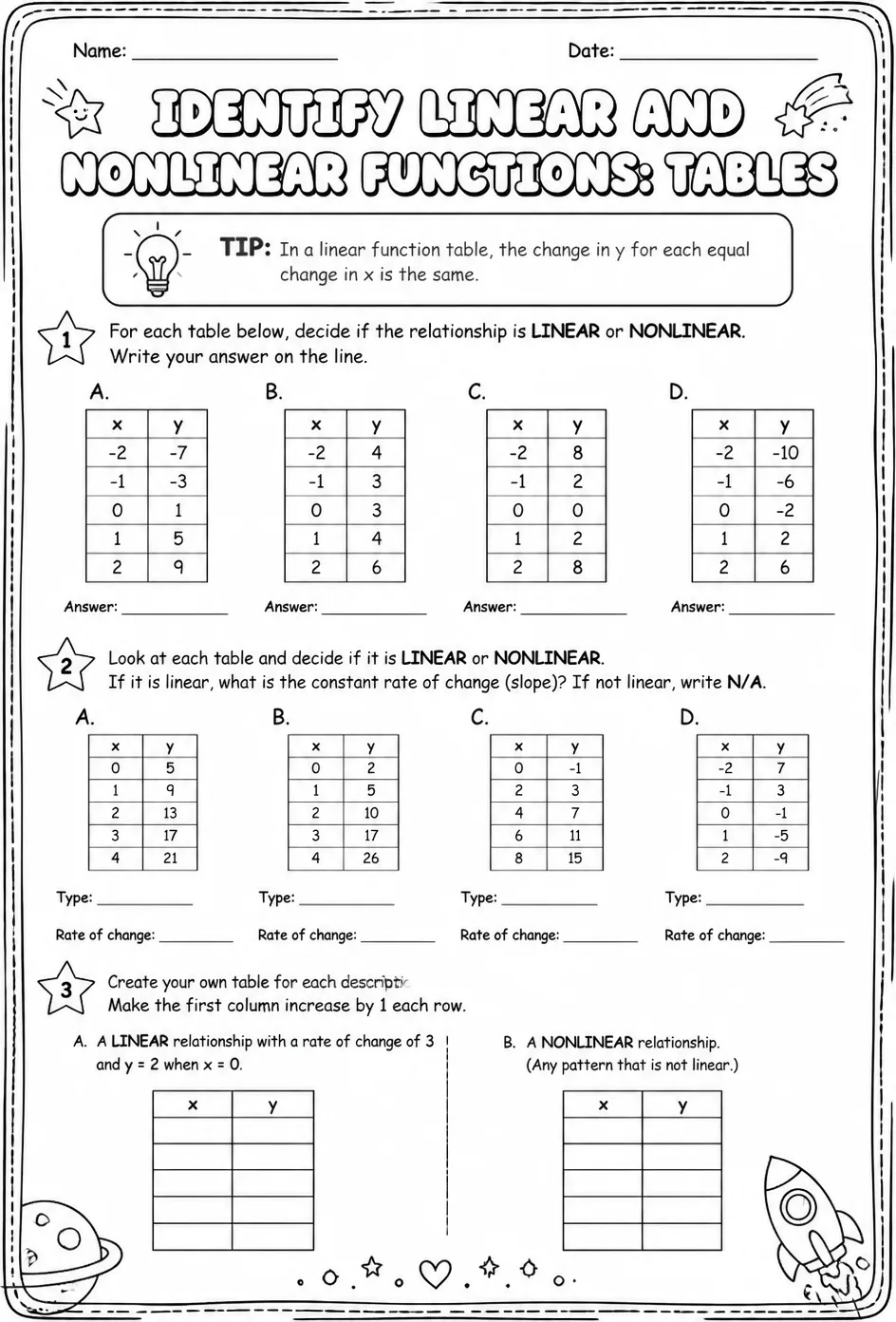 Identify linear and nonlinear functions: tables — free printable Grade 8 math worksheet