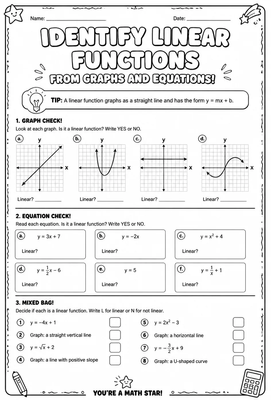 Identify linear functions from graphs and equations — free printable Algebra 1 math worksheet