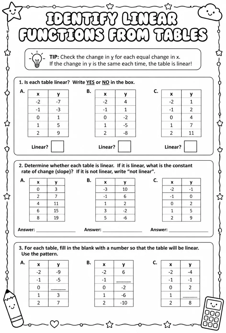 Identify linear functions from tables — free printable Algebra 1 math worksheet