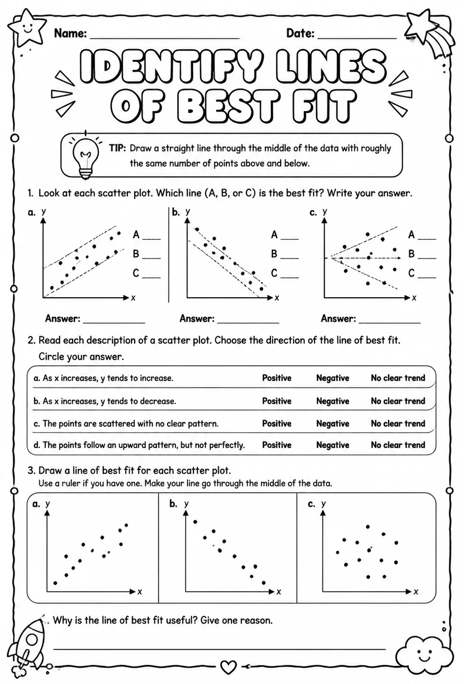 Identify lines of best fit — free printable Grade 8 math worksheet