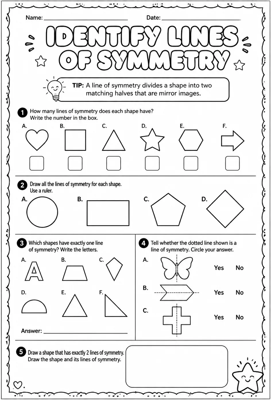 Identify lines of symmetry — free printable Grade 4 math worksheet