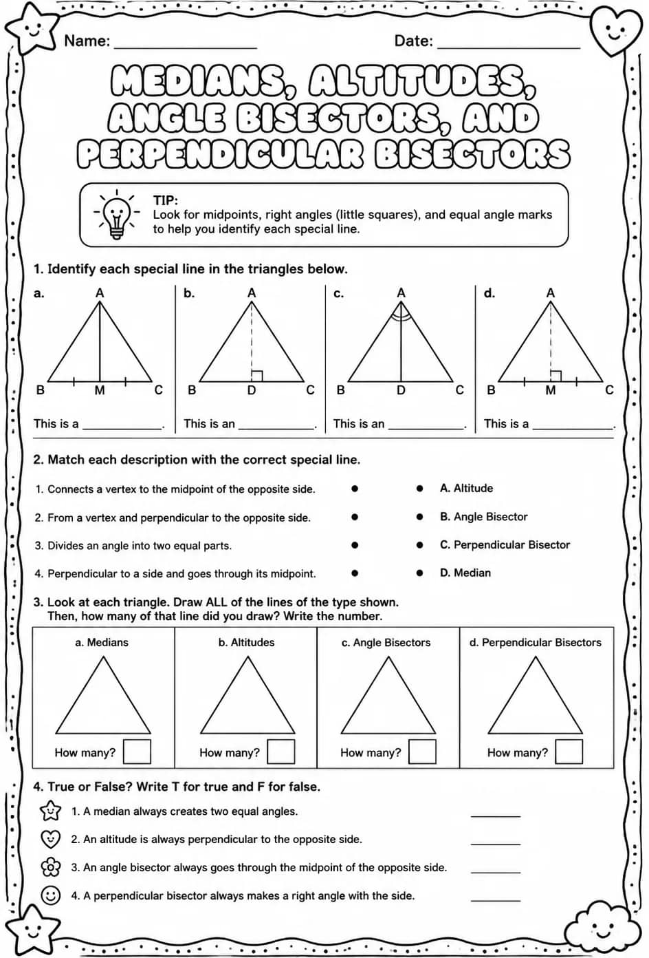Identify medians, altitudes, angle bisectors, and perpendicular bisectors — free printable Geometry math worksheet