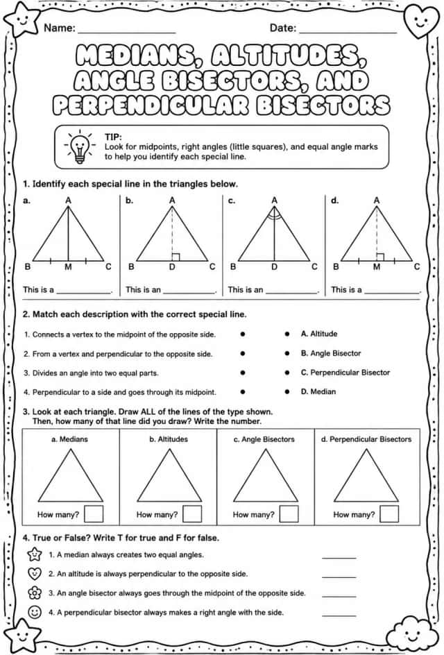 Identify medians, altitudes, angle bisectors, and perpendicular bisectors