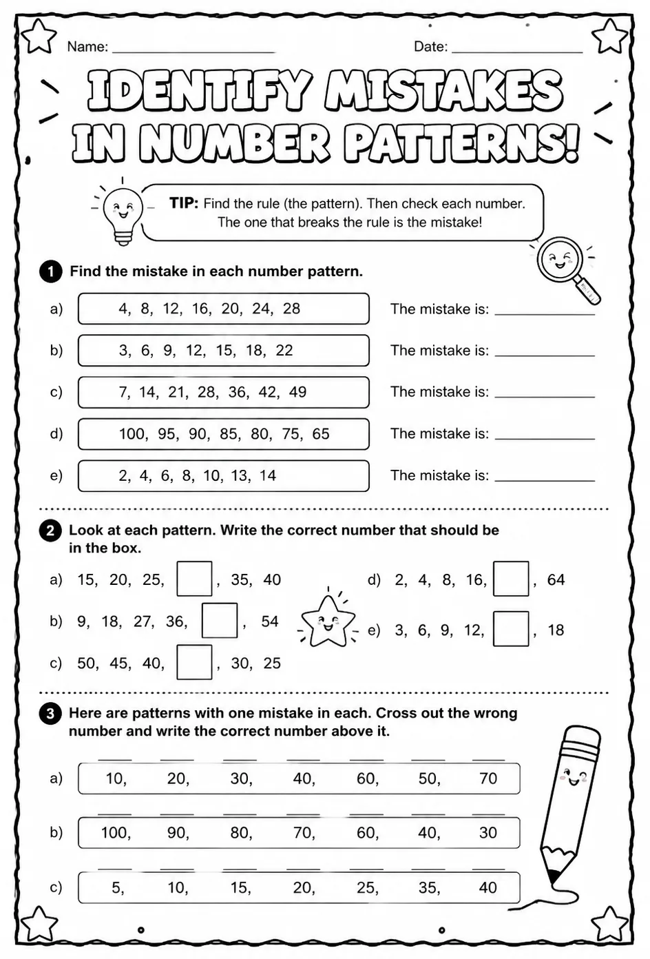 Identify mistakes in number patterns — free printable Grade 4 math worksheet