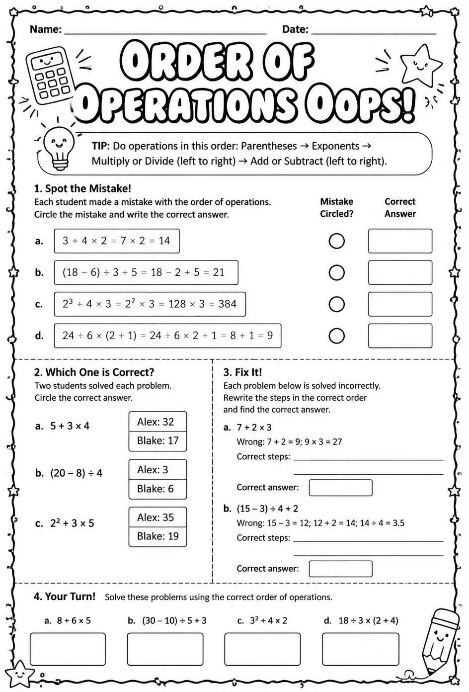 Identify mistakes involving the order of operations — free printable Grade 5 math worksheet