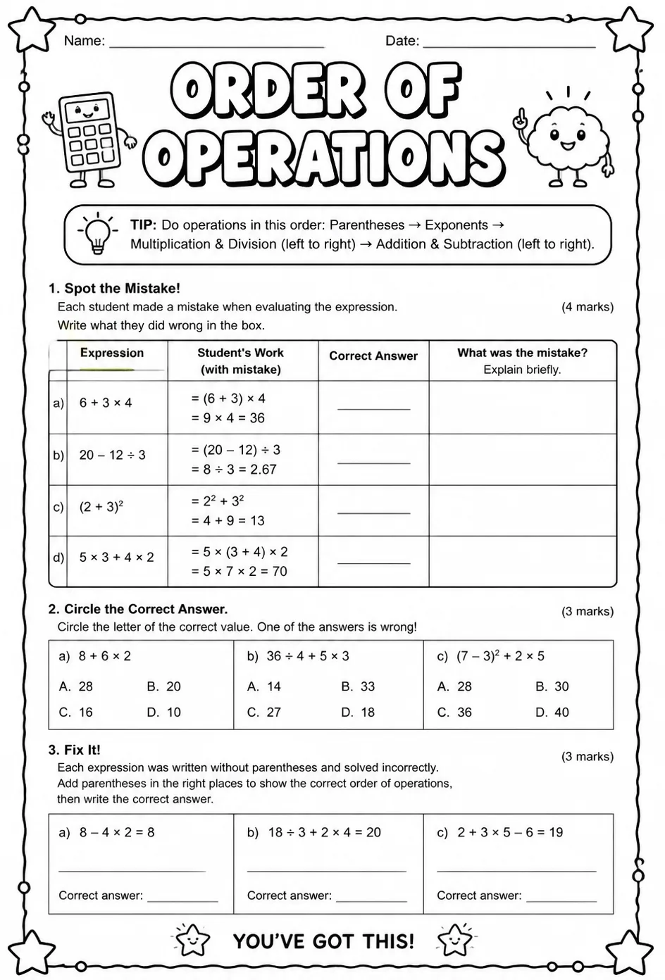 Identify mistakes involving the order of operations — free printable Grade 6 math worksheet