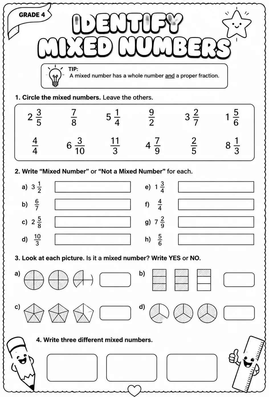Identify mixed numbers — free printable Grade 4 math worksheet