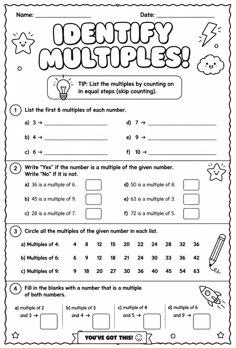 Identify multiples — free printable Grade 5 math worksheet