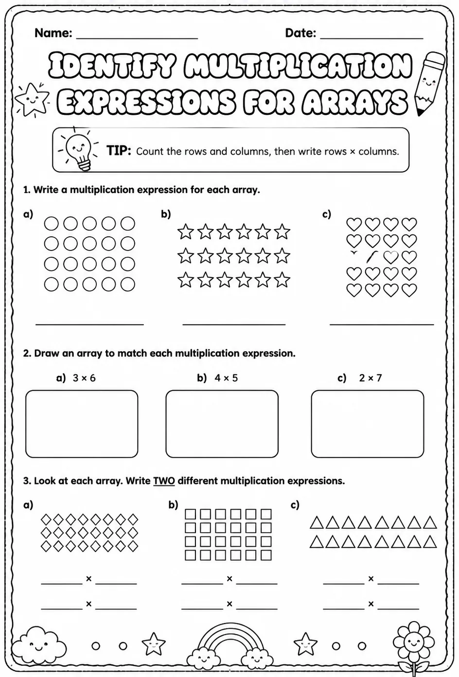Identify multiplication expressions for arrays — free printable Grade 3 math worksheet