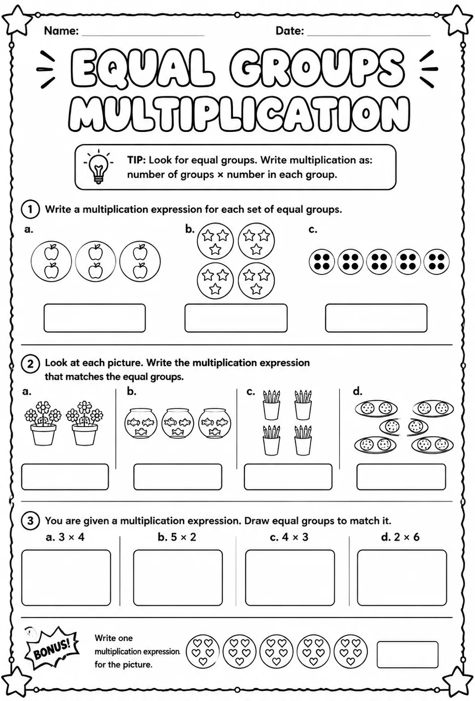 Identify multiplication expressions for equal groups — free printable Grade 3 math worksheet