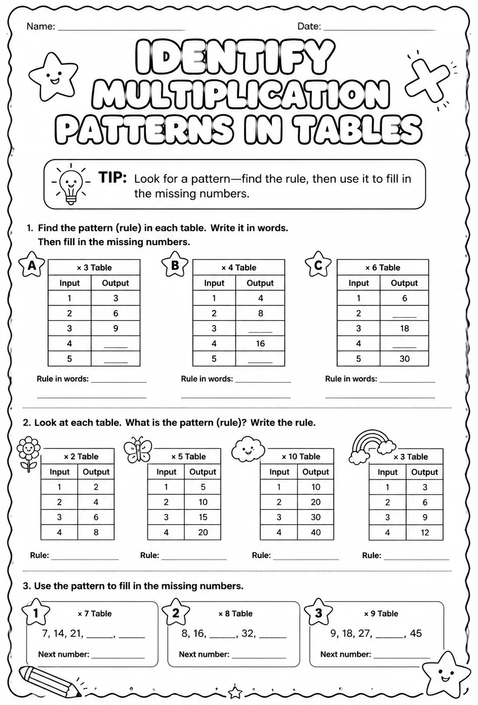Identify multiplication patterns in tables — free printable Grade 3 math worksheet
