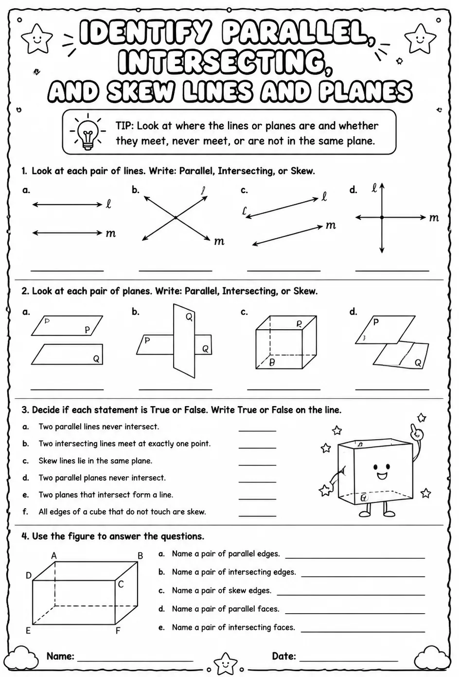 Identify parallel, intersecting, and skew lines and planes — free printable Geometry math worksheet