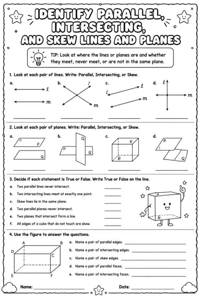 Identify parallel, intersecting, and skew lines and planes