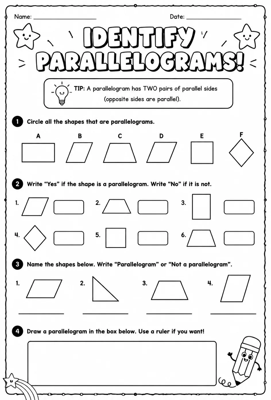 Identify parallelograms — free printable Grade 3 math worksheet