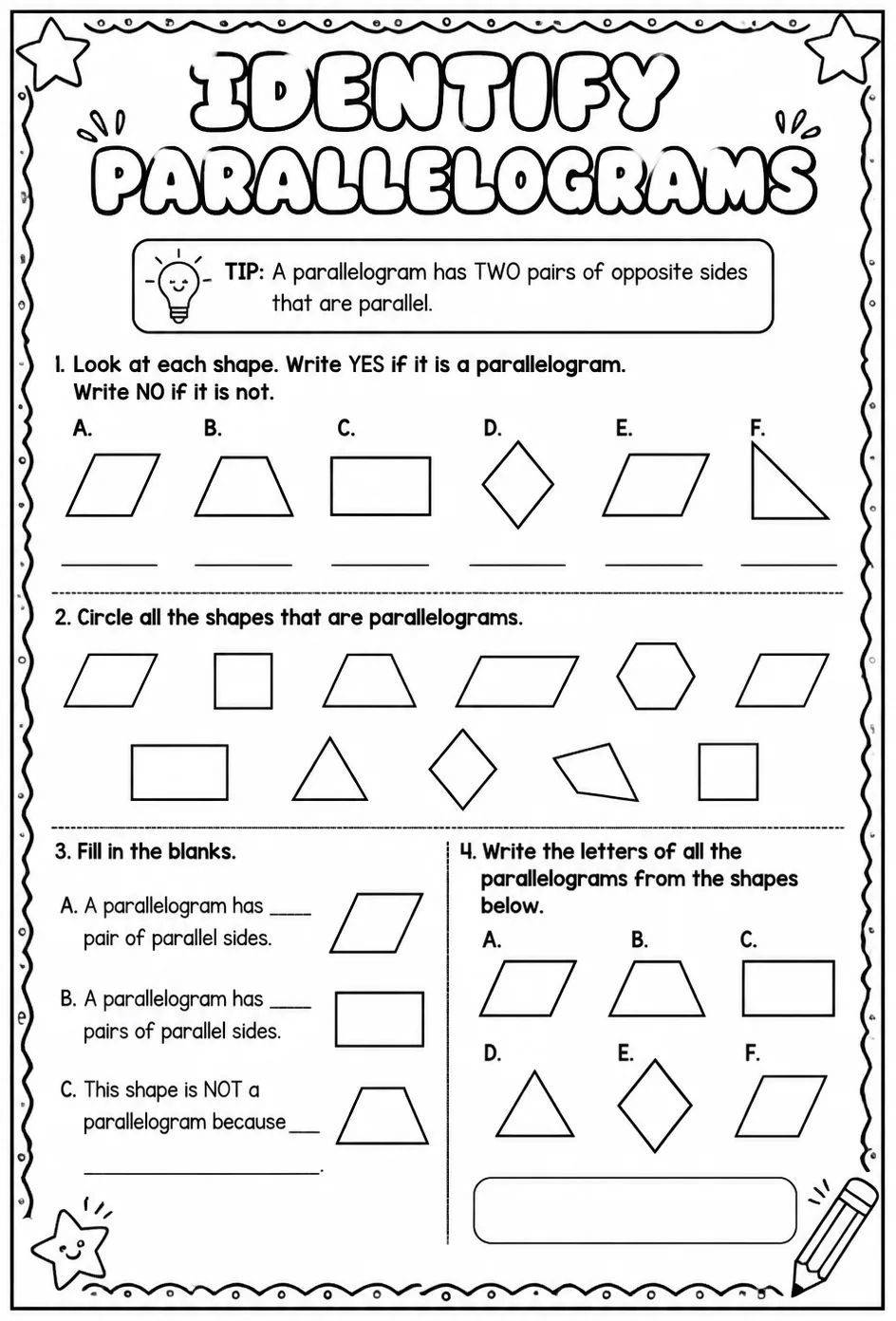 Identify parallelograms — free printable Grade 4 math worksheet