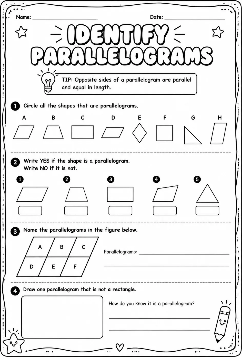 Identify parallelograms — free printable Grade 5 math worksheet