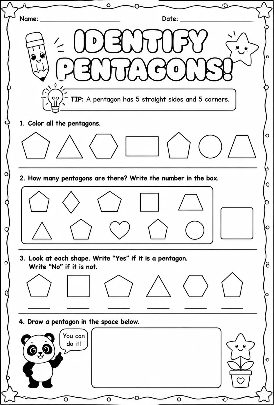 Identify pentagons — free printable Grade 2 math worksheet
