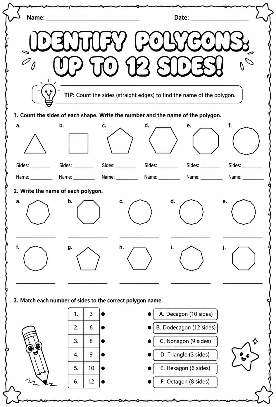 Identify polygons: up to 12 sides — free printable Grade 3 math worksheet