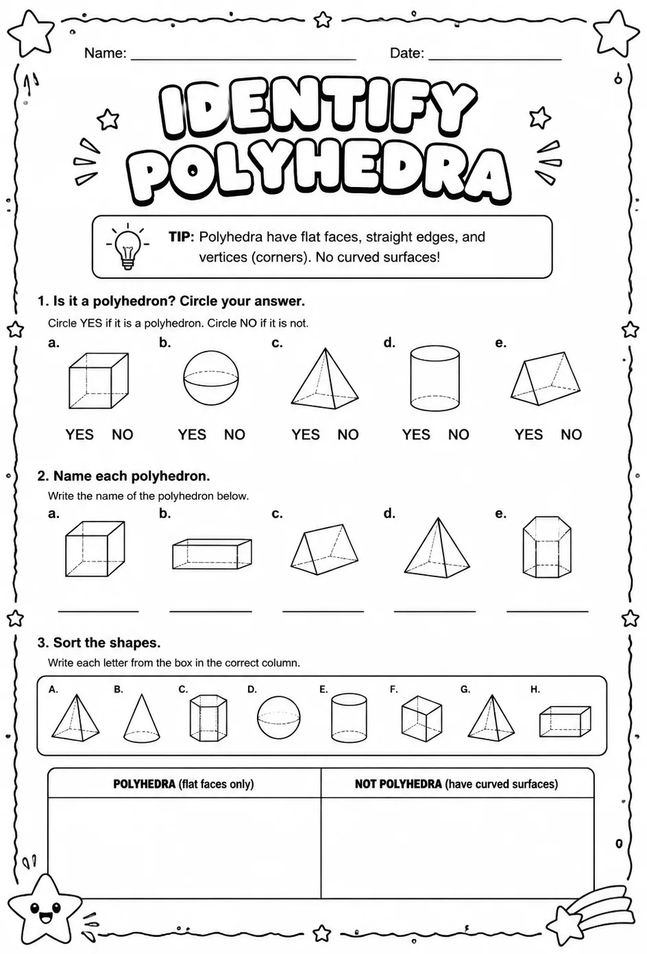 Identify polyhedra — free printable Grade 6 math worksheet